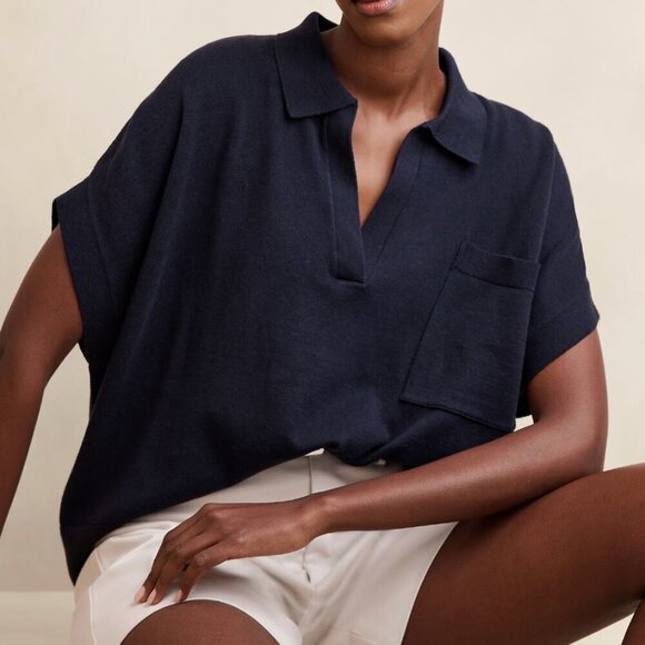 Banana Republic Sweaters - Banana Republic Size XS/S Navy Blue Oversized Johnny-Collar Short Sleeve Sweater